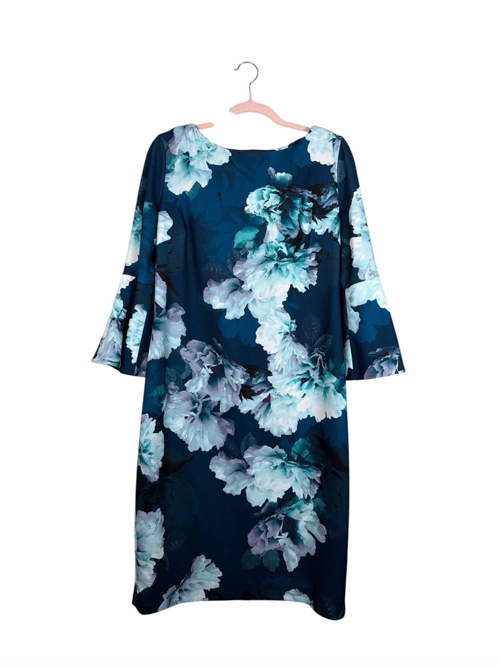 Calvin Klein Size 14 Teal Blue Floral Sheath Dress Bell Sleeves
